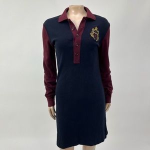Vintage Ralph Lauren Women's Dress Color Block Crested Collared Embroidered